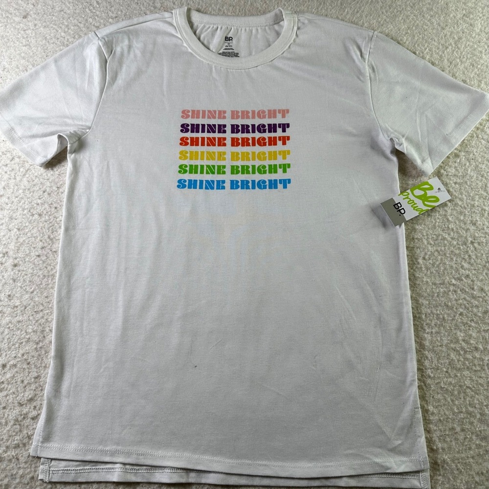 NWT BP Shine Bright Rainbow Graphic T Shirt White Cotton‎ Crew Neck Casual Top M